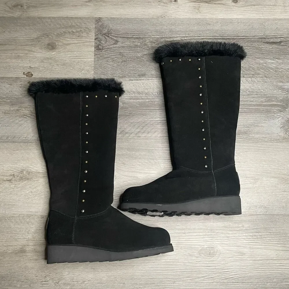BearPaw Black Tall Faux Fur Winter Boots with Stud Accents Size US 10 Women’s